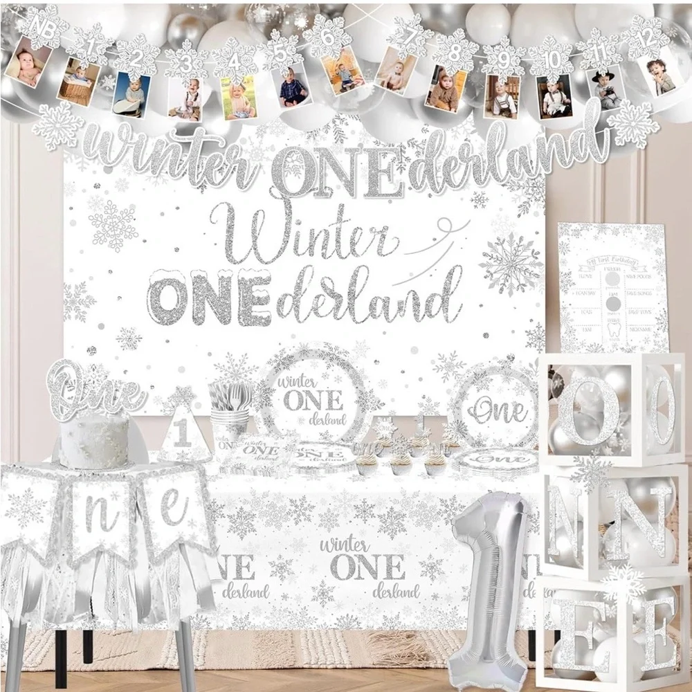 ❄️ Winter ONEderland 1st Birthday Party Set – Silver Snowflake Theme – Full Kit